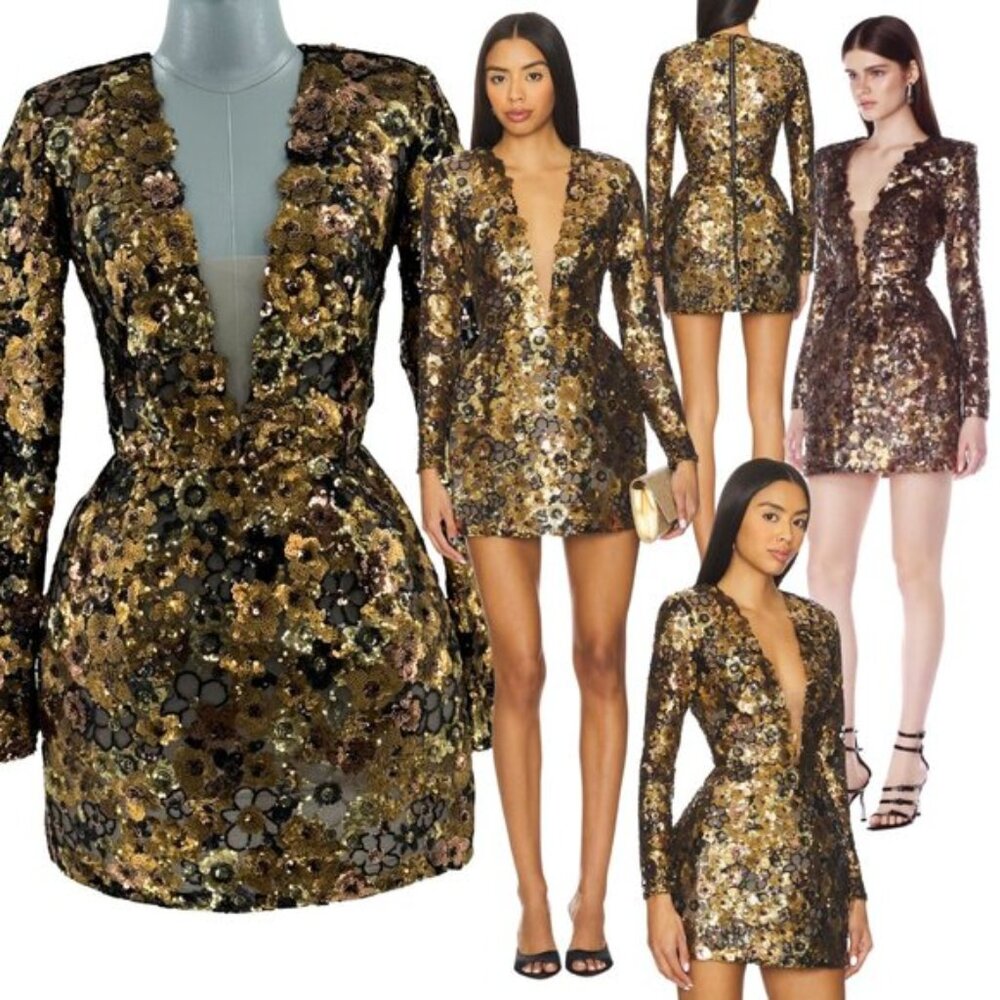🆕 BRONX & BANCO 🧿 NWOT Isabella Long Sleeve Mini Dress, Gold Multi - Sz XS US2